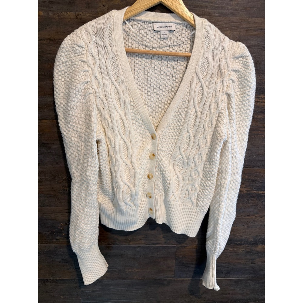 Calligraphie Ivory Cable Knit Puff Shoulder Cardigan Sweater Large Cream V-Neck